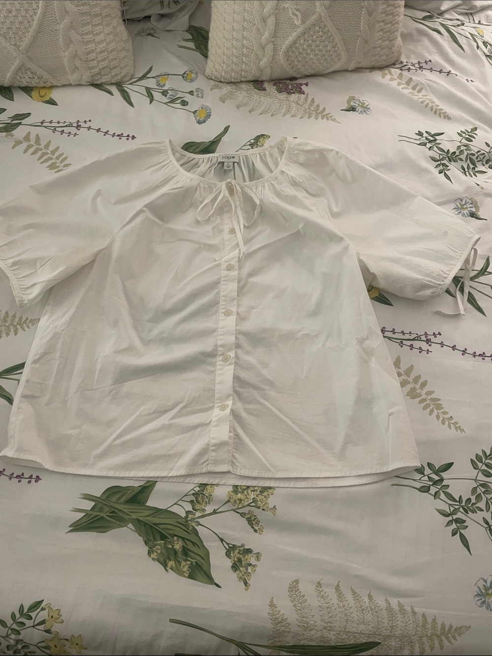 J. Crew White Button-Front Peasant Blouse with Tie Neck